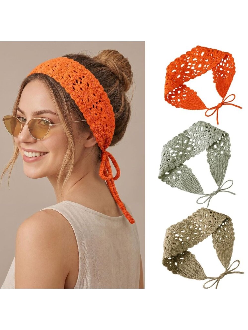 Women's Multicolor 3Pcs Boho Head bands Bandana Crochet Knit Hair Accessories